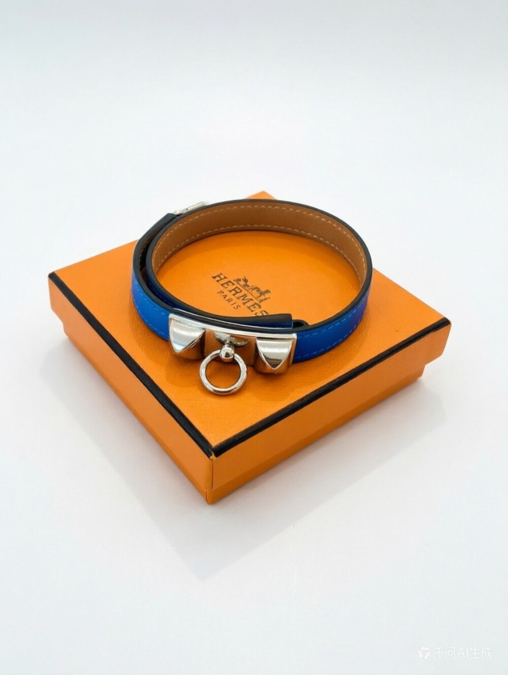 Hermes Blue Izmir Tadelakt Leather Palladium Plated Rivale Double Tour Bracelet